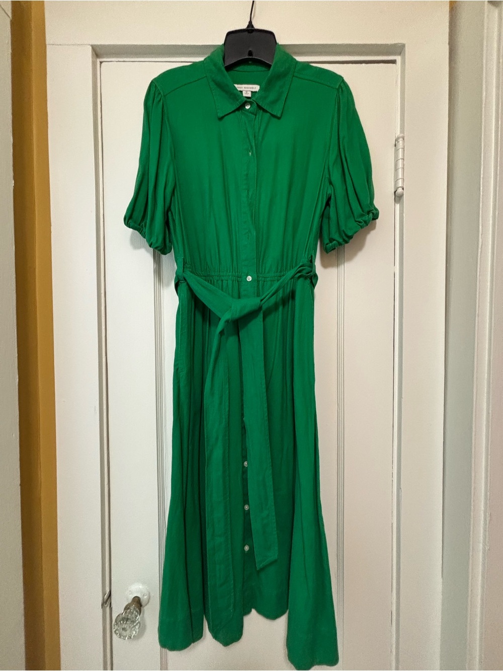 Collared Green Midi Shirt Dress with Self Tie Belt